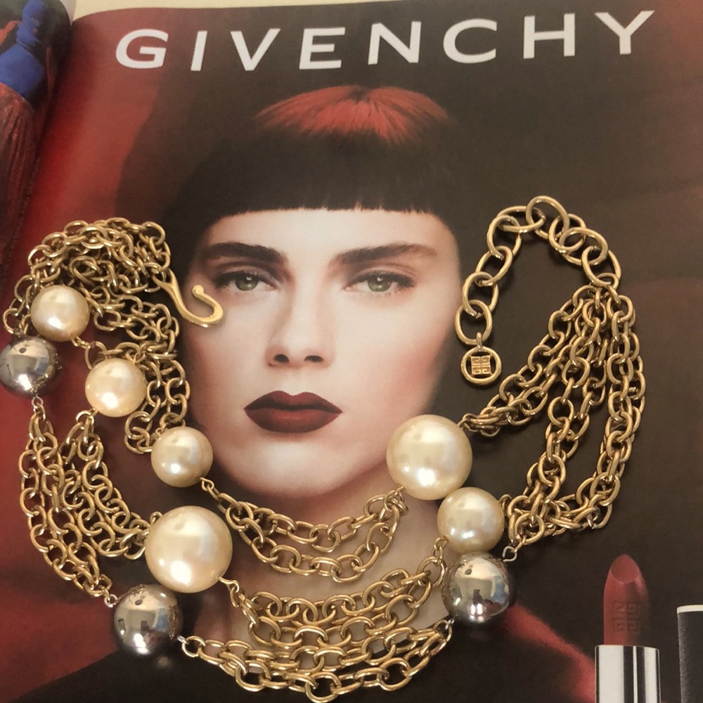Vintage GIVENCHY Multi Strand Gold Tone Faux Pearl Statement Necklace